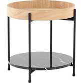 Daniella Side End Table in Black Metal, Natural Wood & Black Marble Accent